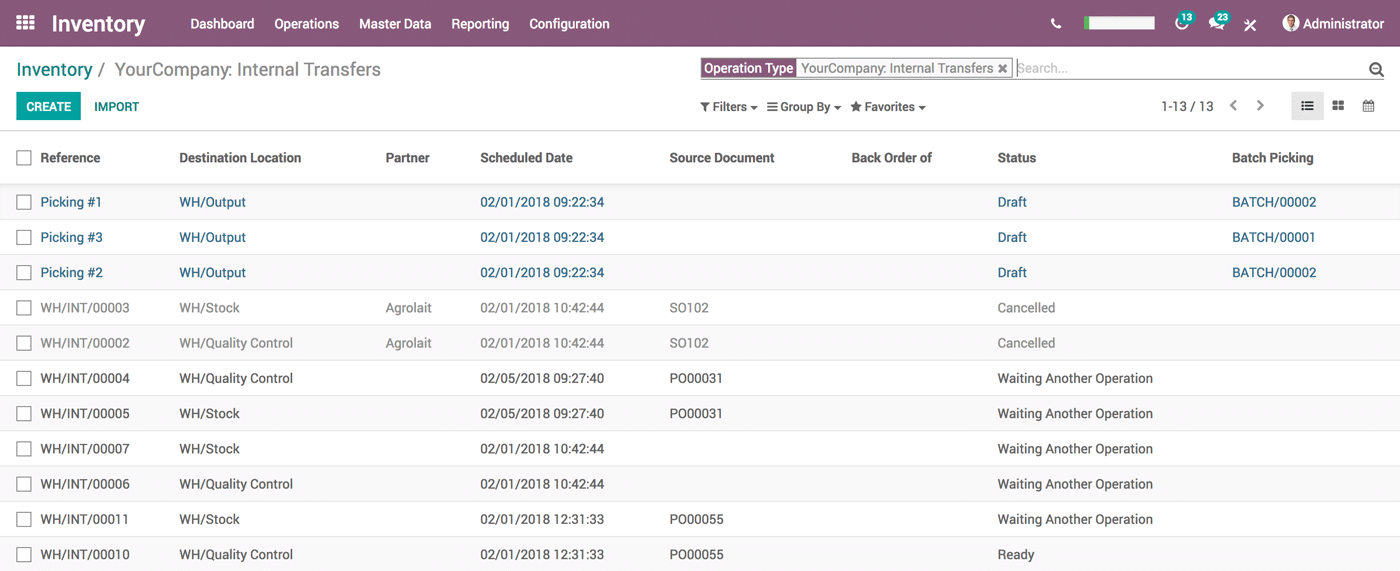 Odoo Inventory screen listing internal transfers between warehouse locations