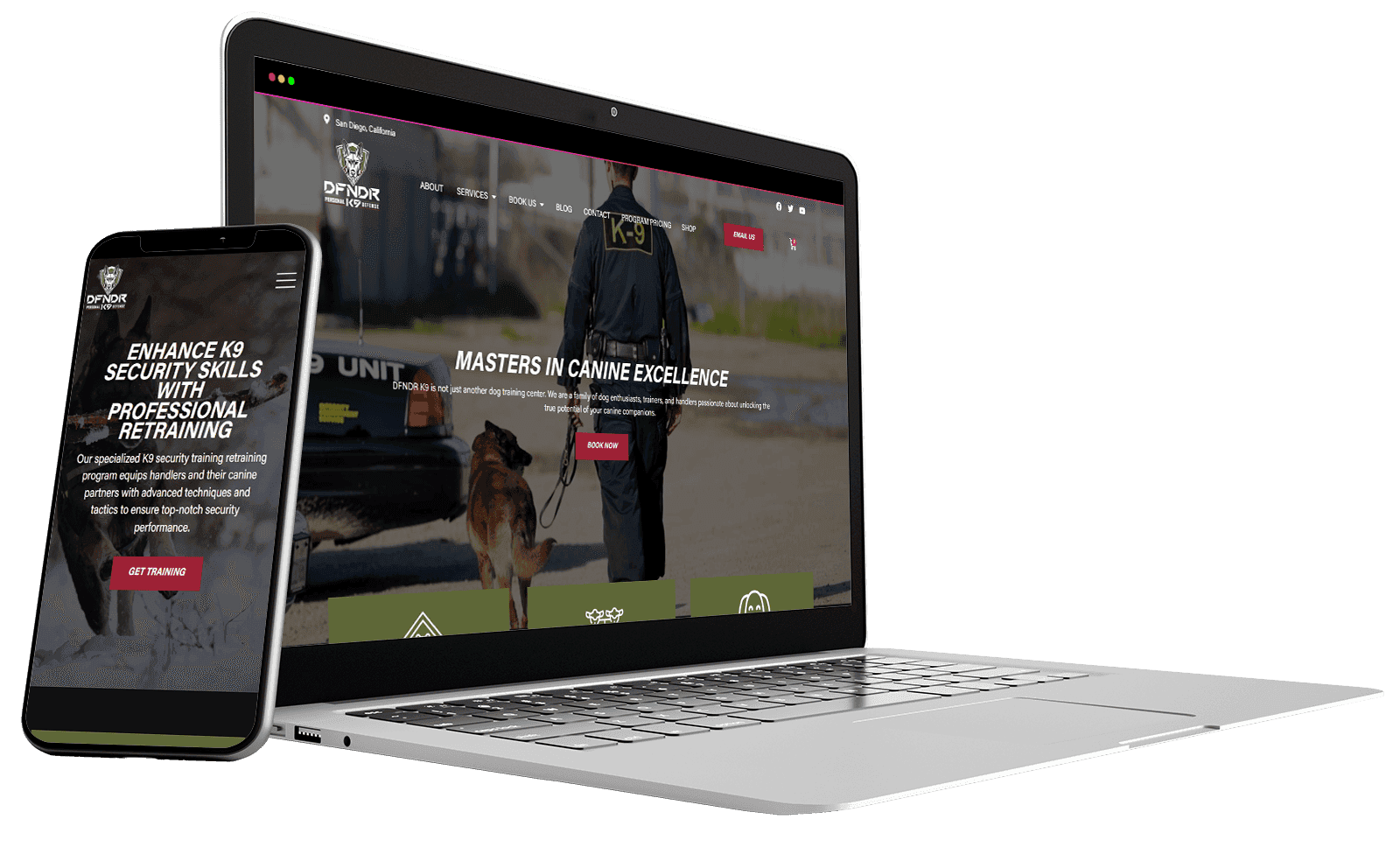 The DFNDR K9 website on a laptop and a phone