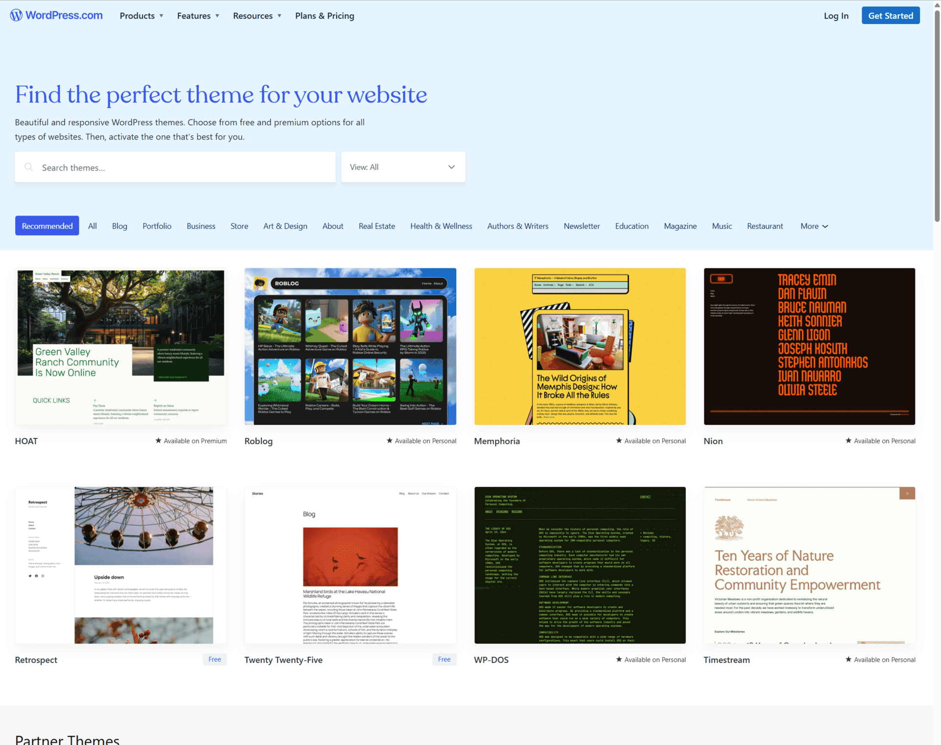 Screenshot of a theme directory page full of ready-made website templates