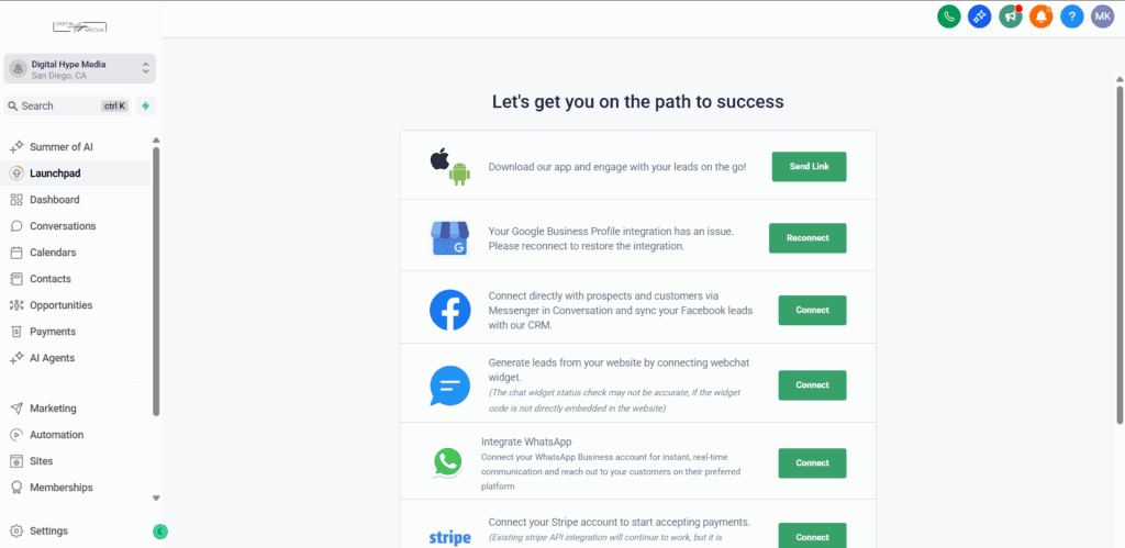 GoHighLevel setup screen with options to connect Google Business Profile, Facebook, WhatsApp and Stripe