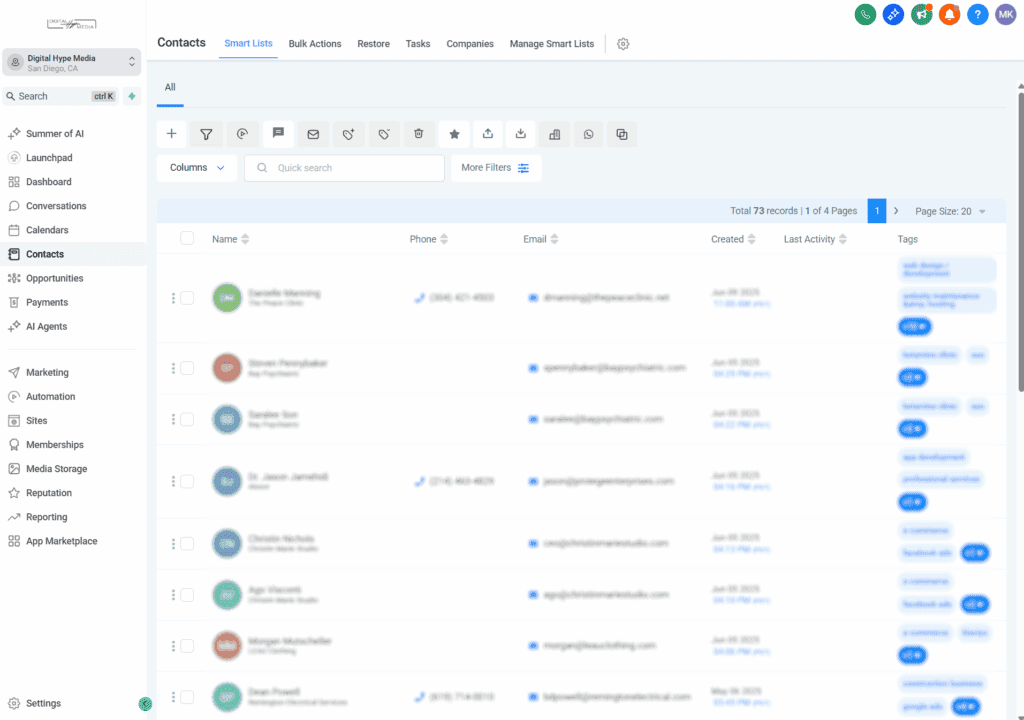 GoHighLevel contacts list screen