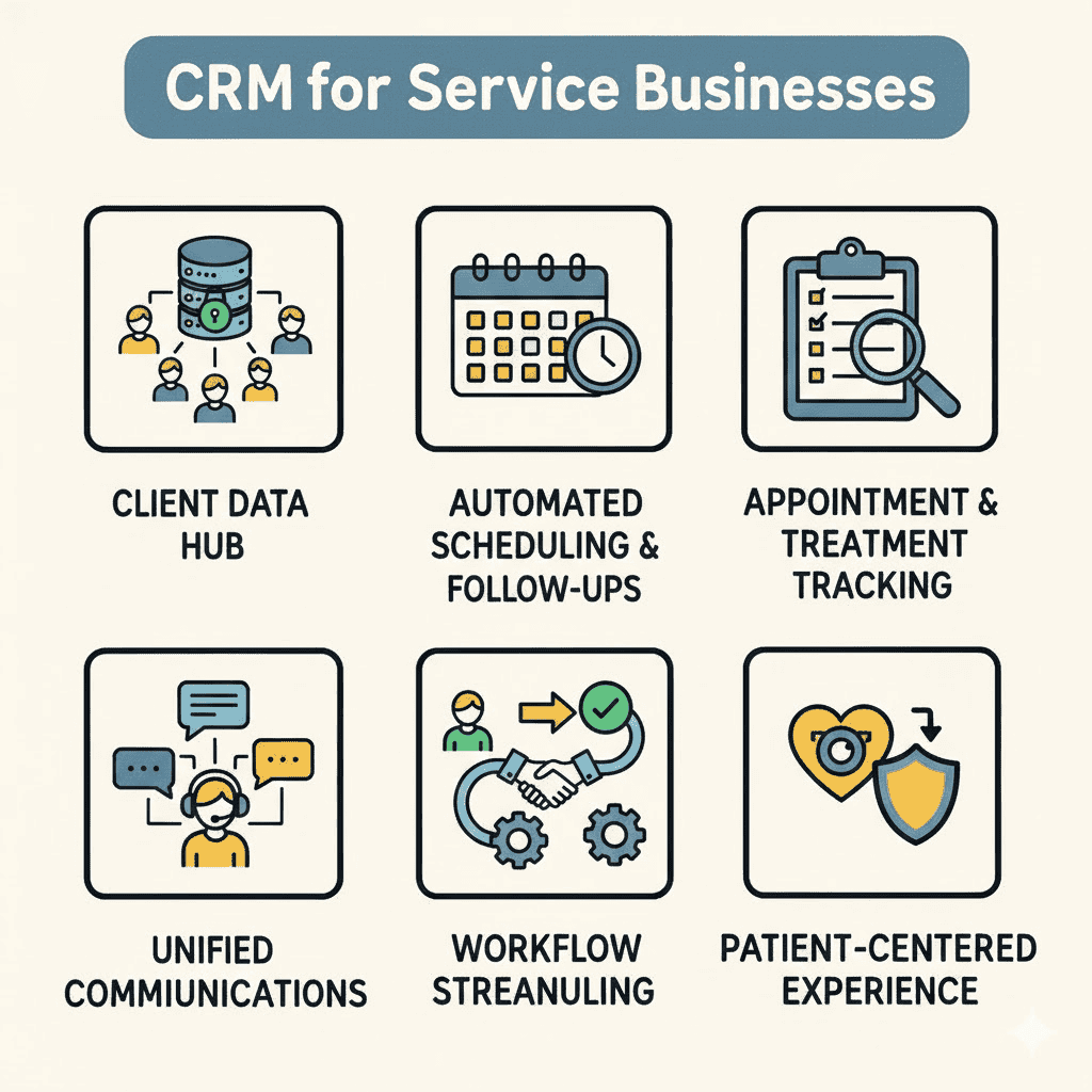 Infographic of what a CRM does for service businesses, from a client data hub to automated follow-ups