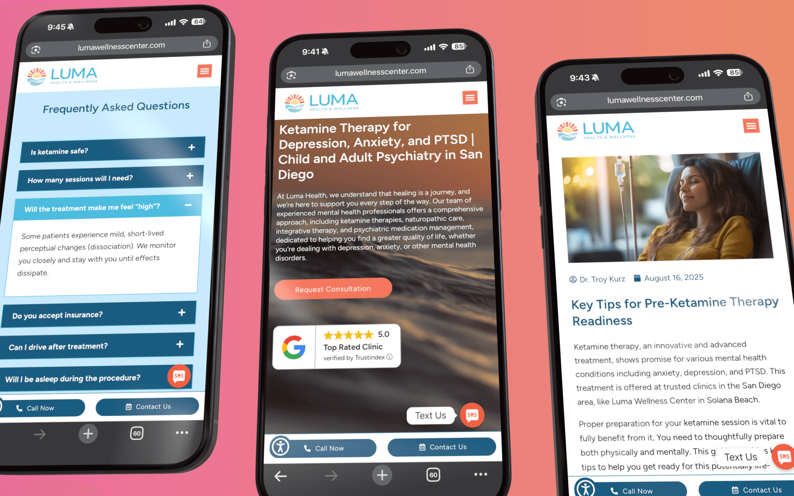 The redesigned Luma Wellness Center homepage