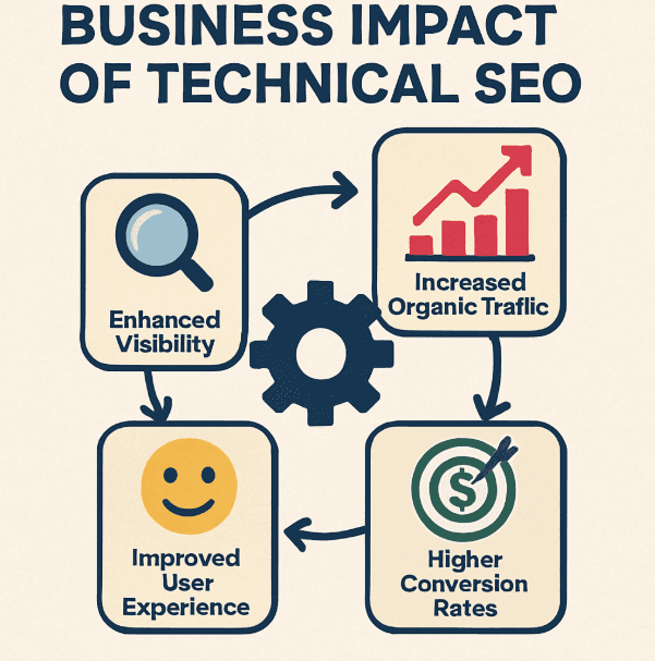 Infographic of the business impact of technical SEO: visibility, organic traffic, user experience and conversions