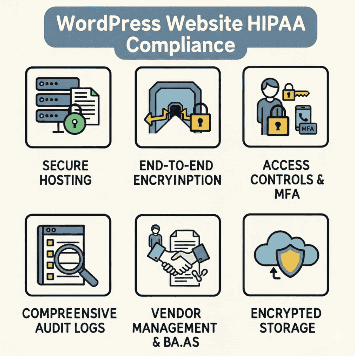 Infographic of six WordPress HIPAA areas, including secure hosting, encryption, MFA and audit logs