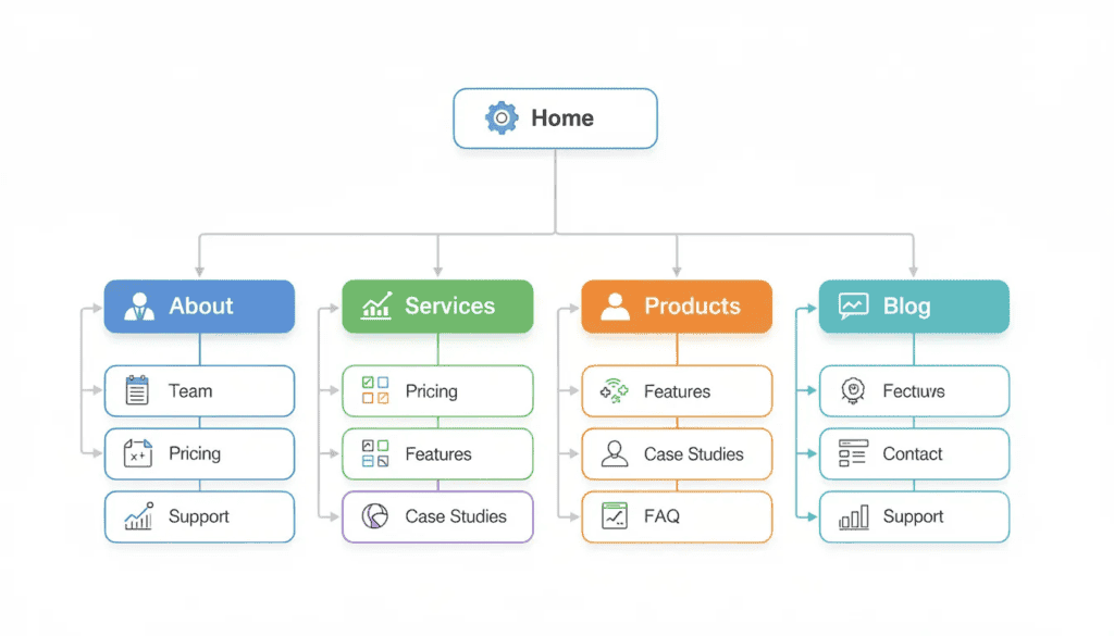 Sitemap diagram with the home page branching into About, Services, Products and Blog pages