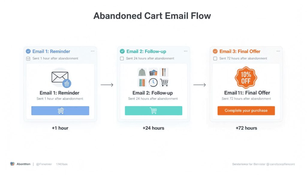 Abandoned cart email flow: a reminder after 1 hour, a follow-up after 24 hours and a final offer after 72 hours