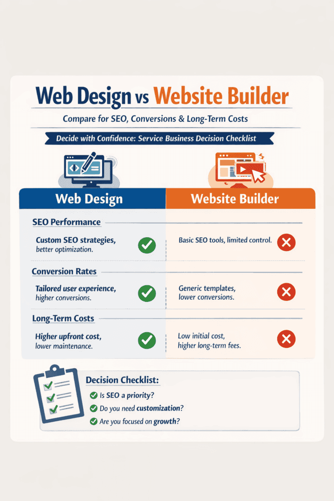Infographic comparing custom web design and website builders on SEO, conversion rates and long-term cost