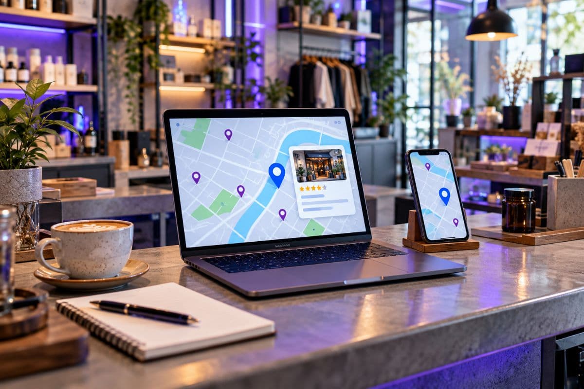 Laptop on a small business counter showing a local search map with location pins and a business listing card, with a phone showing a map pin beside it