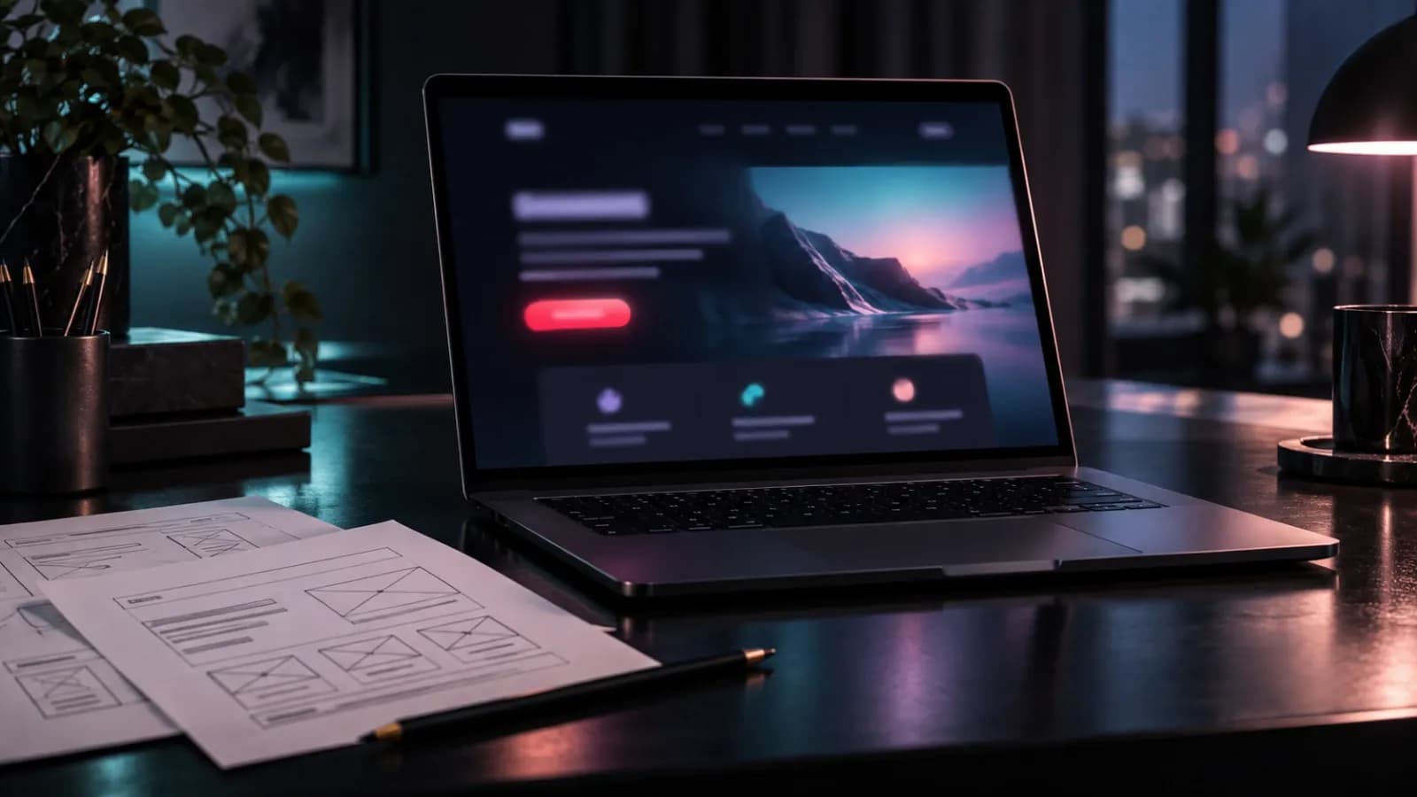 Laptop showing a landing page with a red call-to-action button beside pencil wireframe sketches