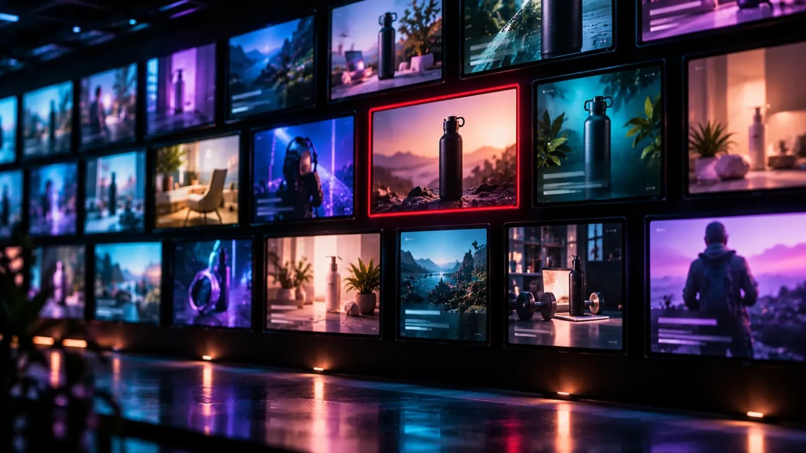 Wall of small screens showing variations of the same product ad, one framed in red