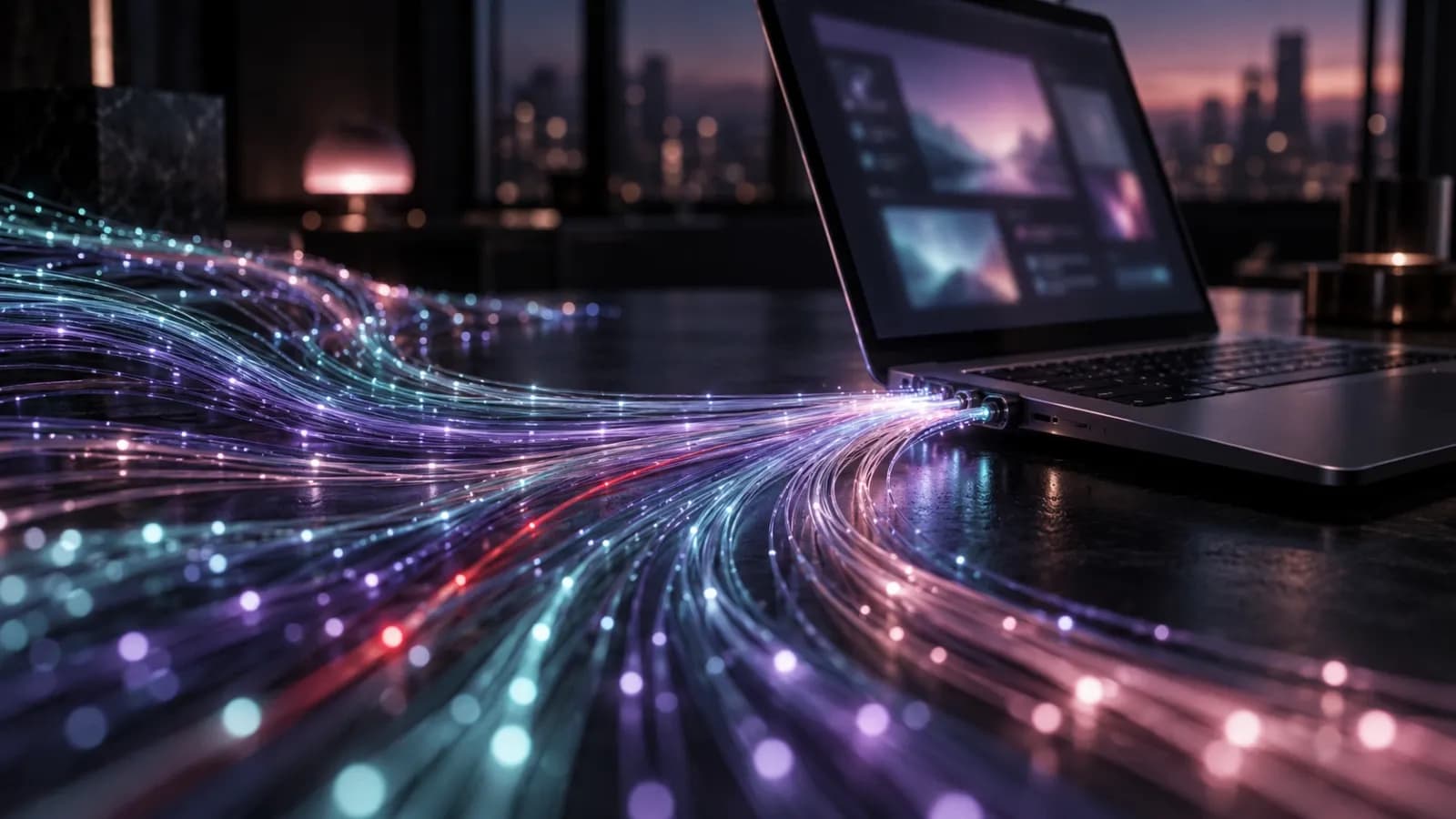 Glowing fiber-optic strands flowing across a dark desk into the back of an open laptop
