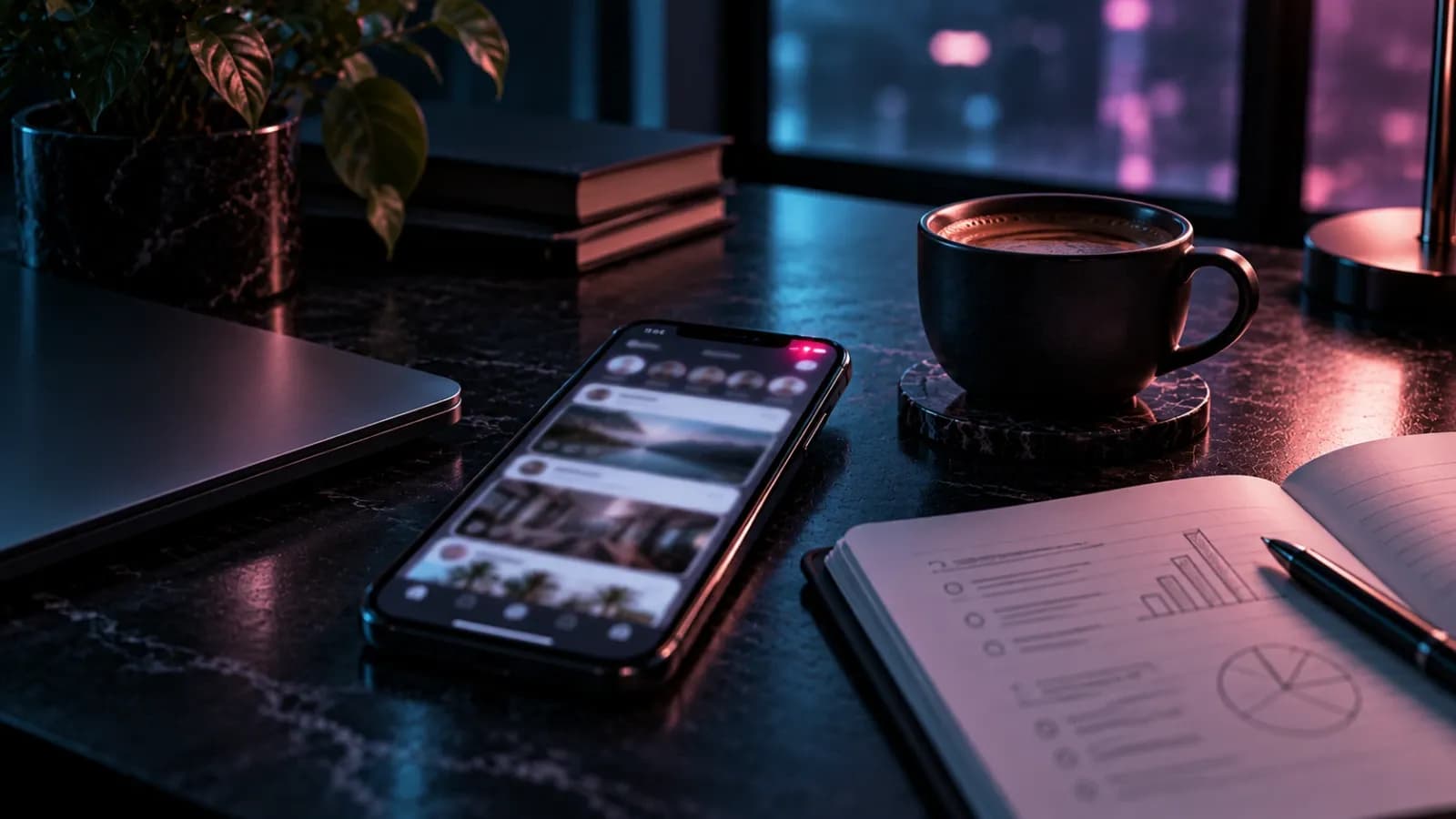 Phone showing a social feed on a dark desk beside a coffee and an open notebook