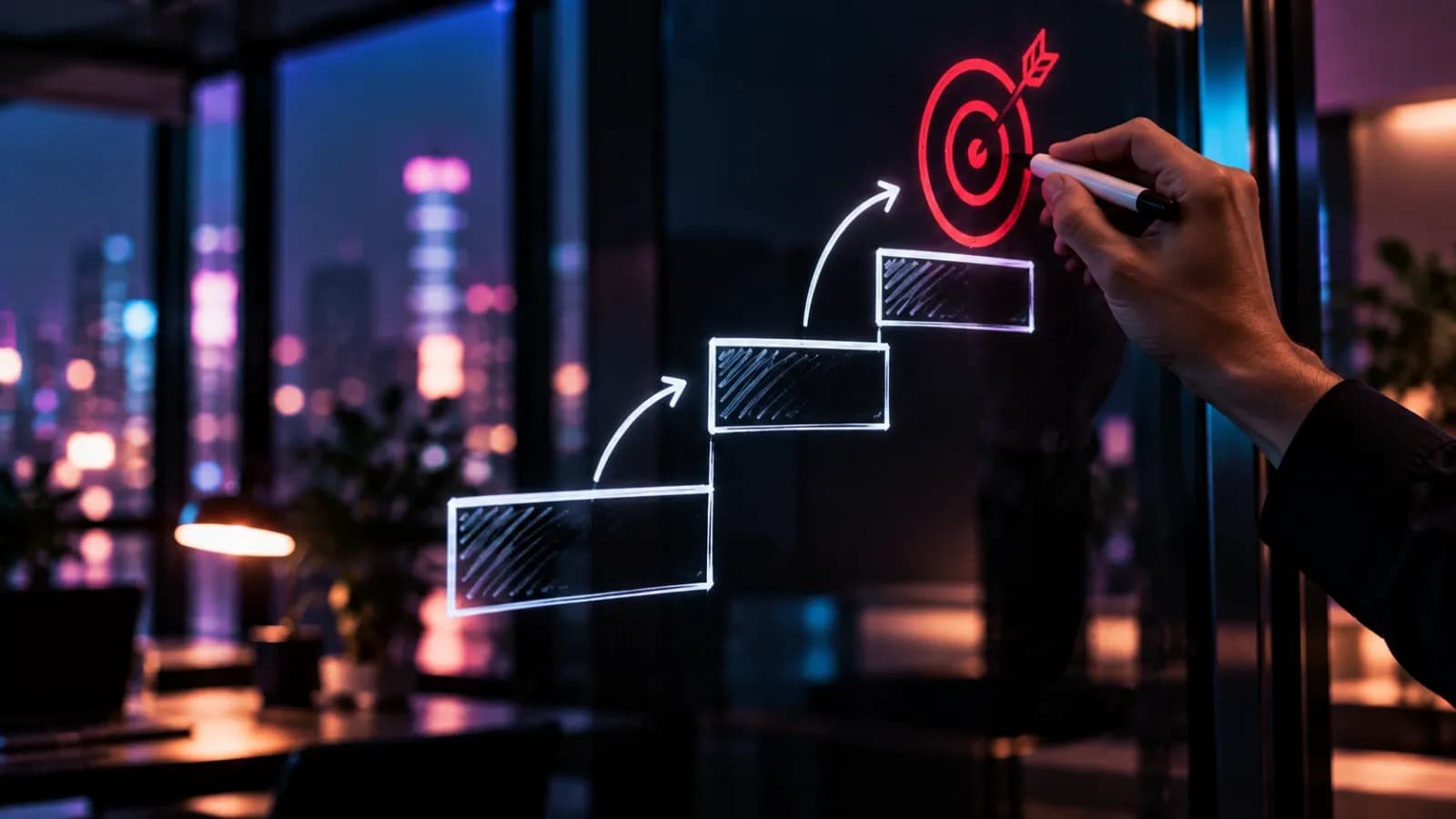 Hand drawing a three-step goal ladder up to a red target on a dark glass board