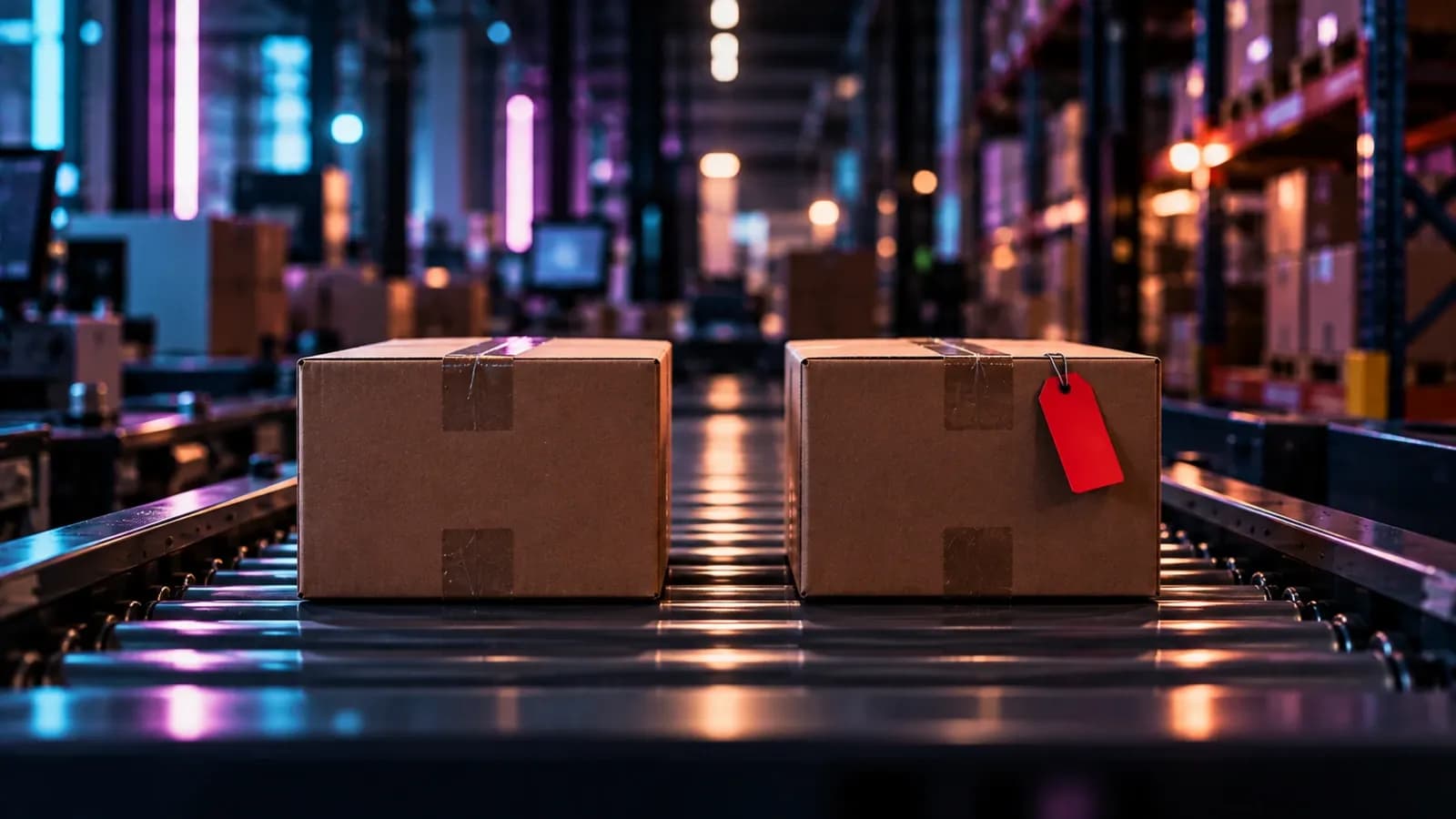 Two identical shipping boxes on a warehouse conveyor at night, one with a red tag