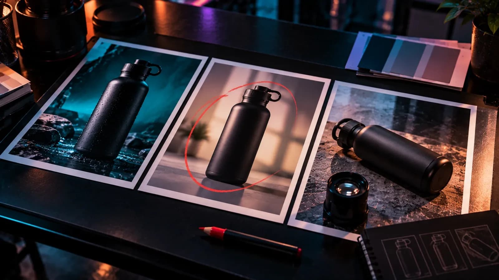 Three photos of the same water bottle side by side on a light table, one circled in red