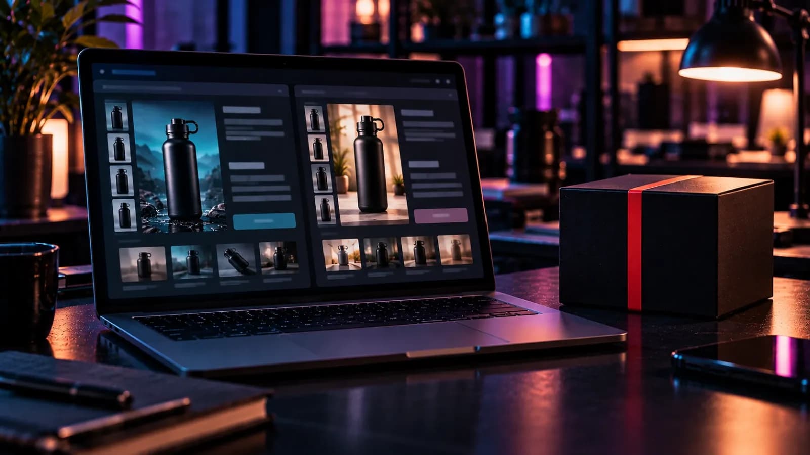 Laptop showing two product listing layouts side by side next to a black box with red tape