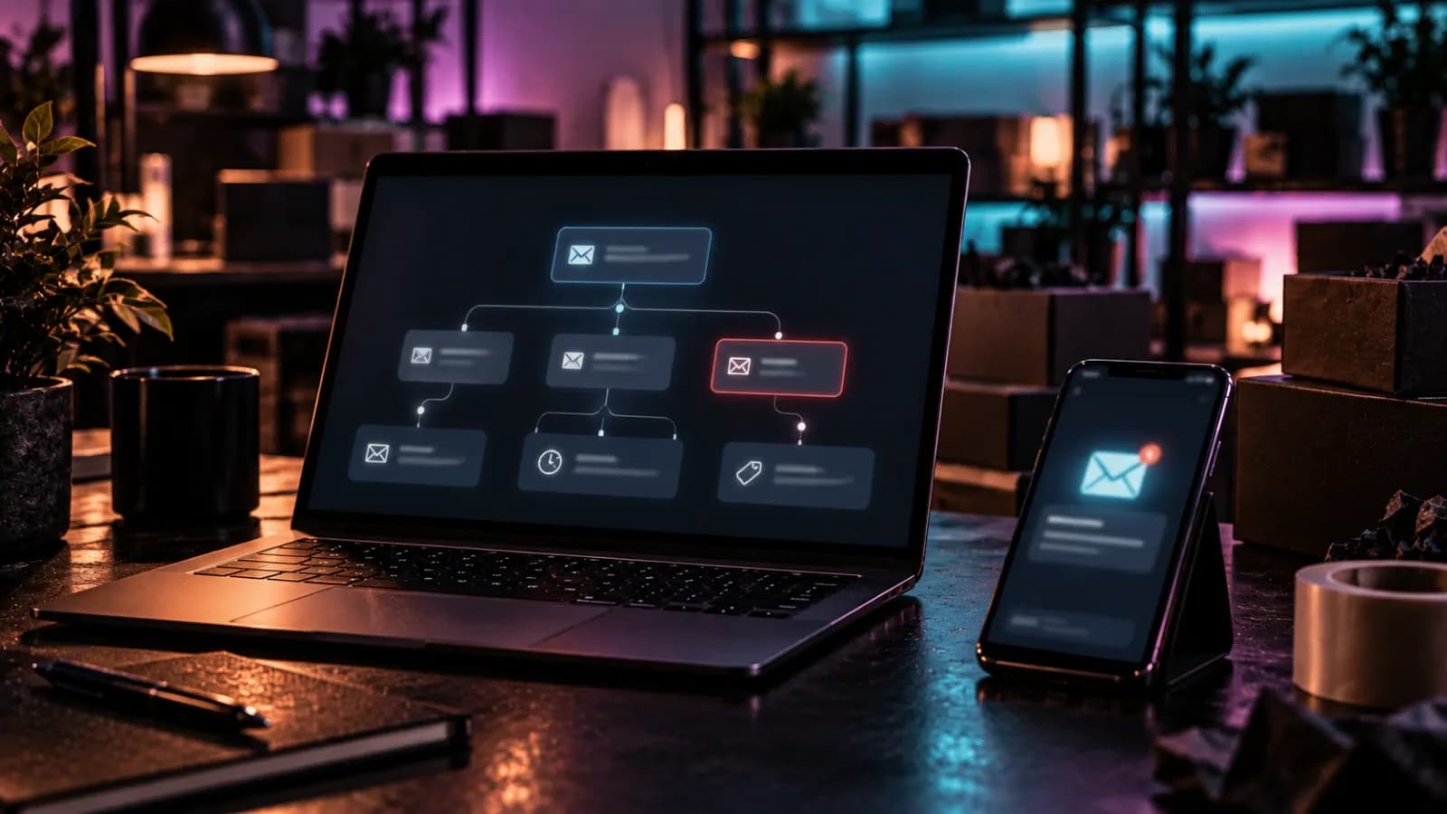 Laptop showing an email automation flow of connected blocks, with a phone lighting up with a new email beside it
