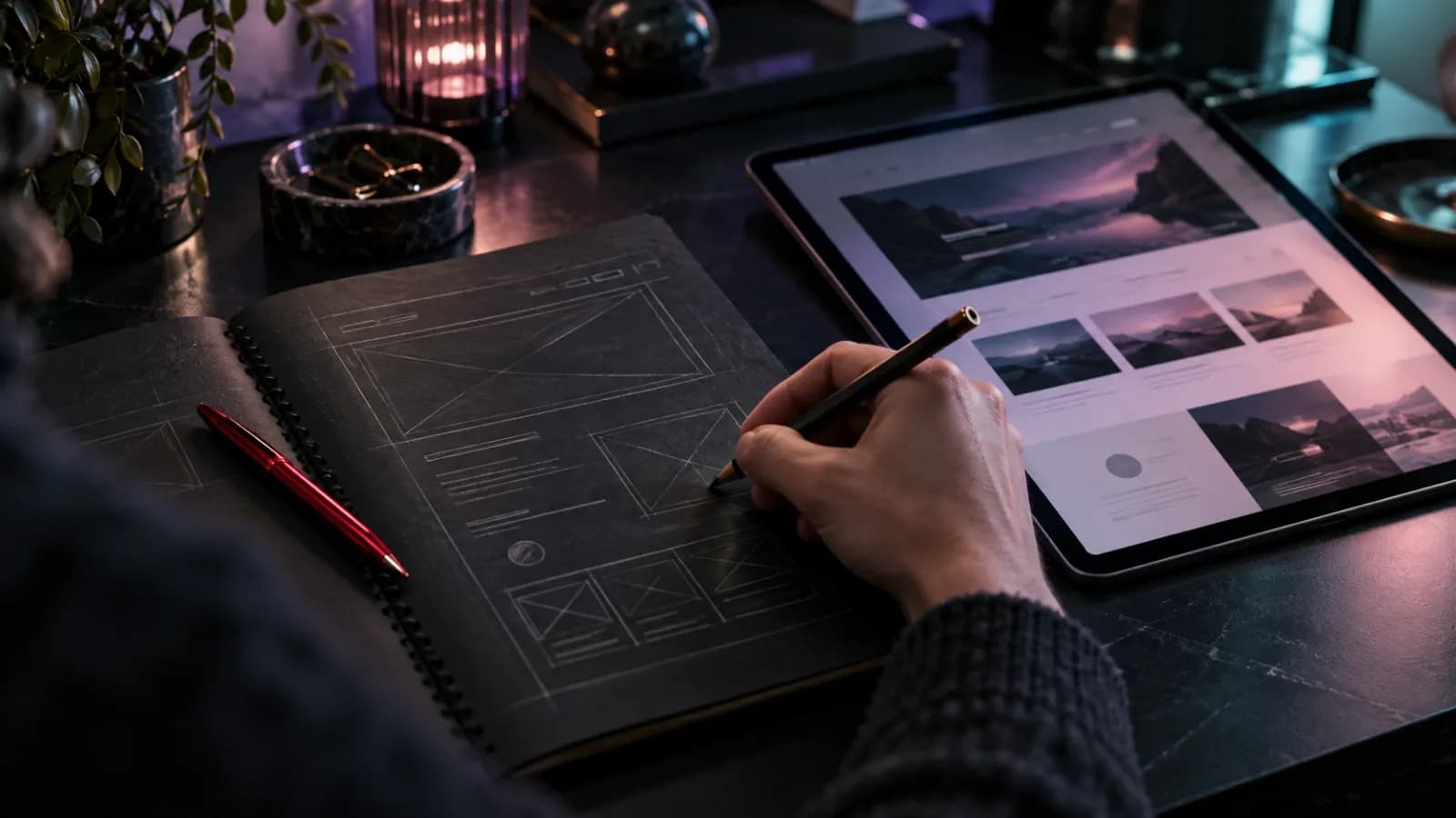 Hand sketching a website layout in a black sketchbook next to a tablet showing the finished design