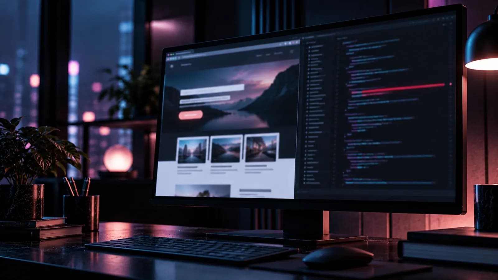 Monitor showing a website design on one side and its code on the other