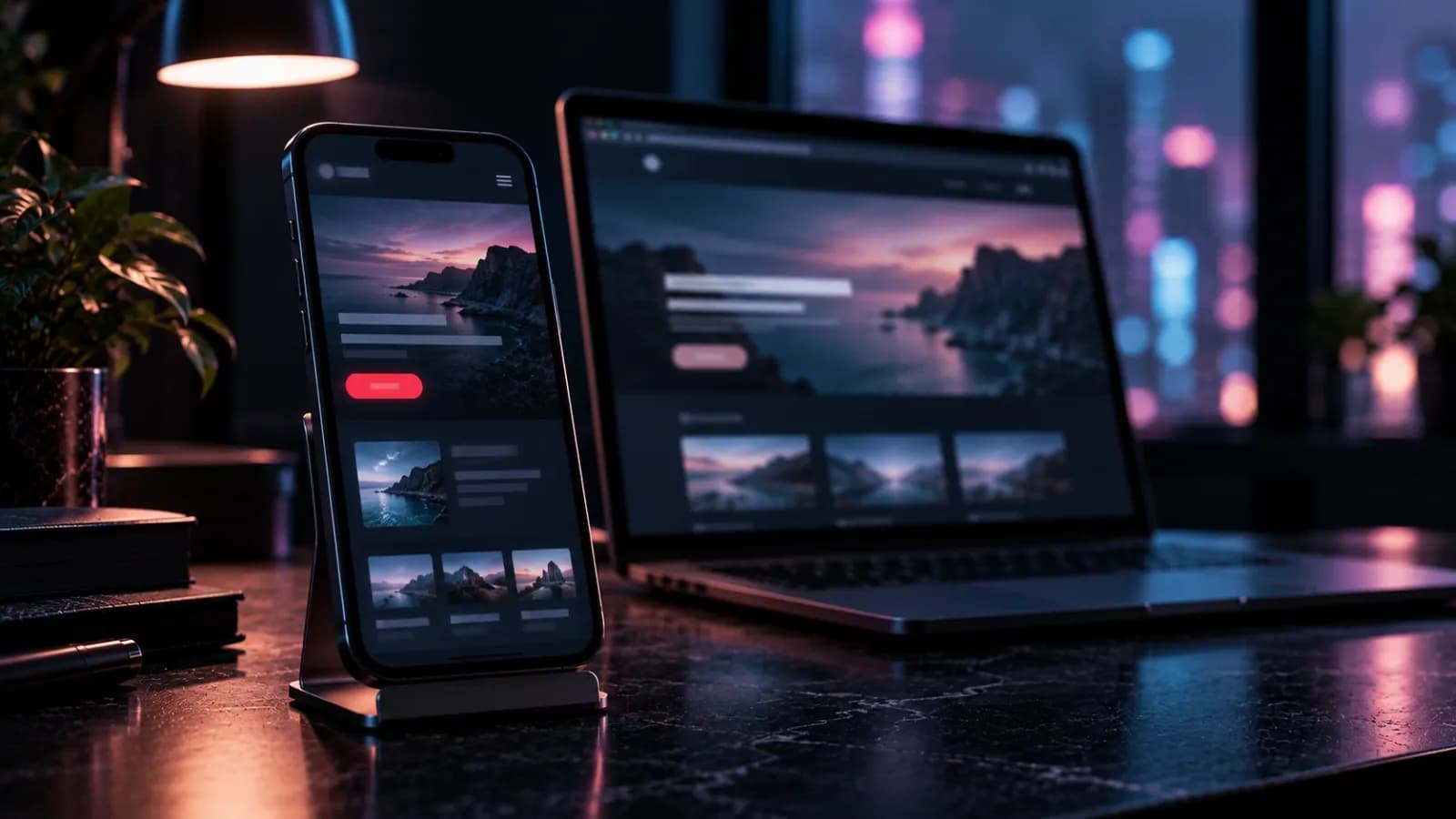 Phone on a stand showing a mobile site, with a laptop showing the desktop version behind