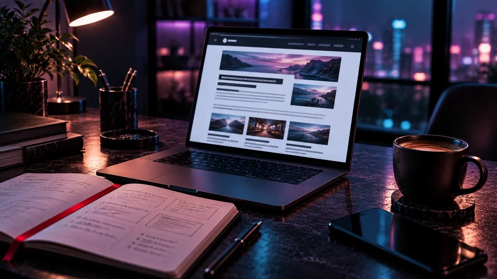 Laptop showing a long article layout beside an open notebook and a cup of coffee
