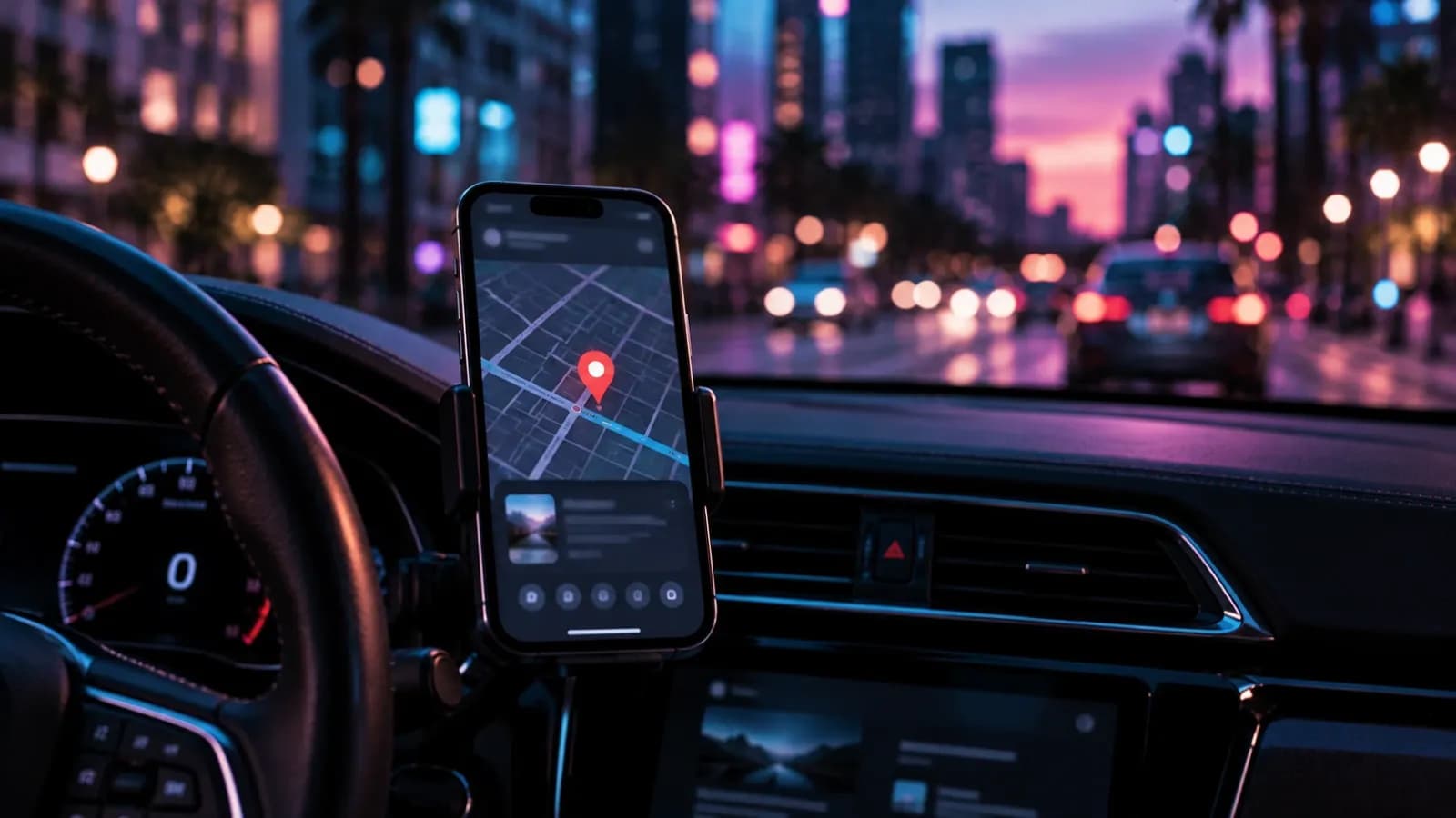 Phone in a car dashboard mount showing a map pin, city street at dusk through the windshield