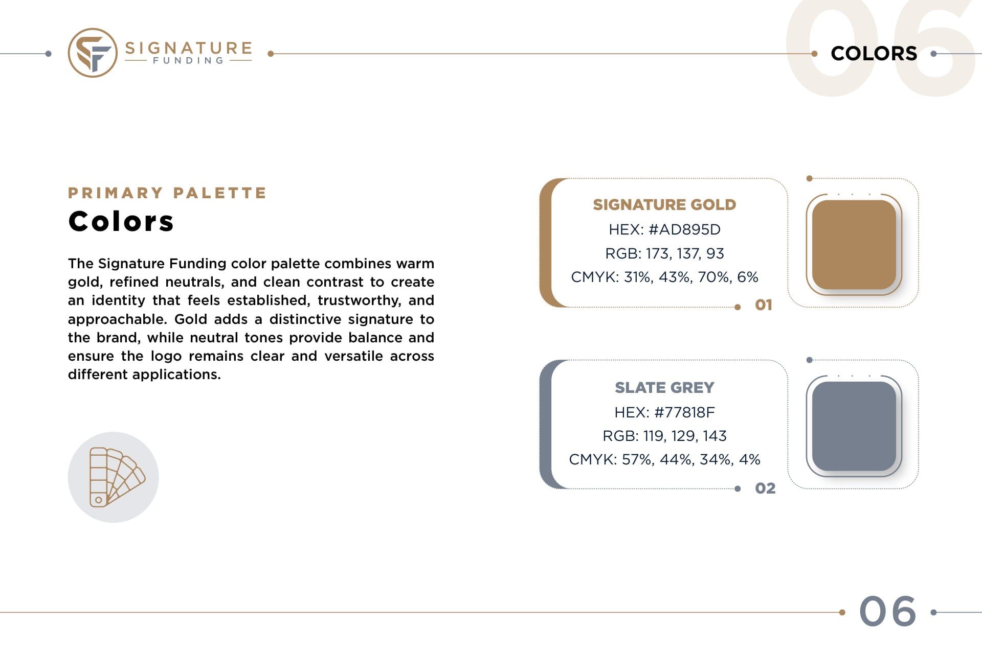 The Signature Funding brand guide: the color palette