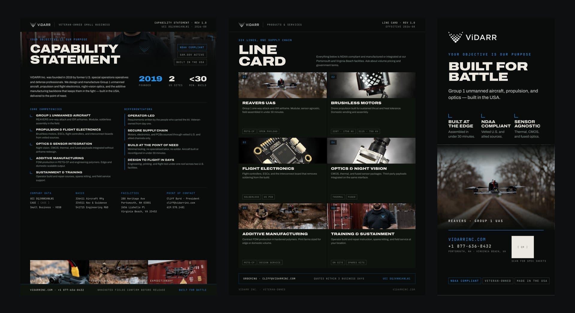 ViDARR collateral: the capability statement, the line card and the tradeshow banner