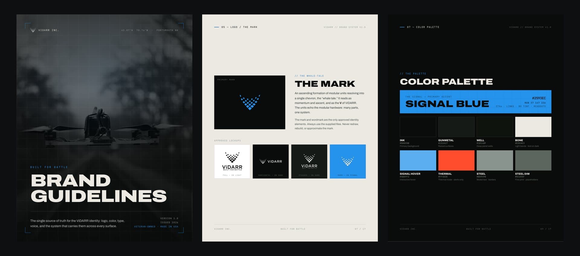Pages from the ViDARR brand guidelines: the cover, the mark and the color palette