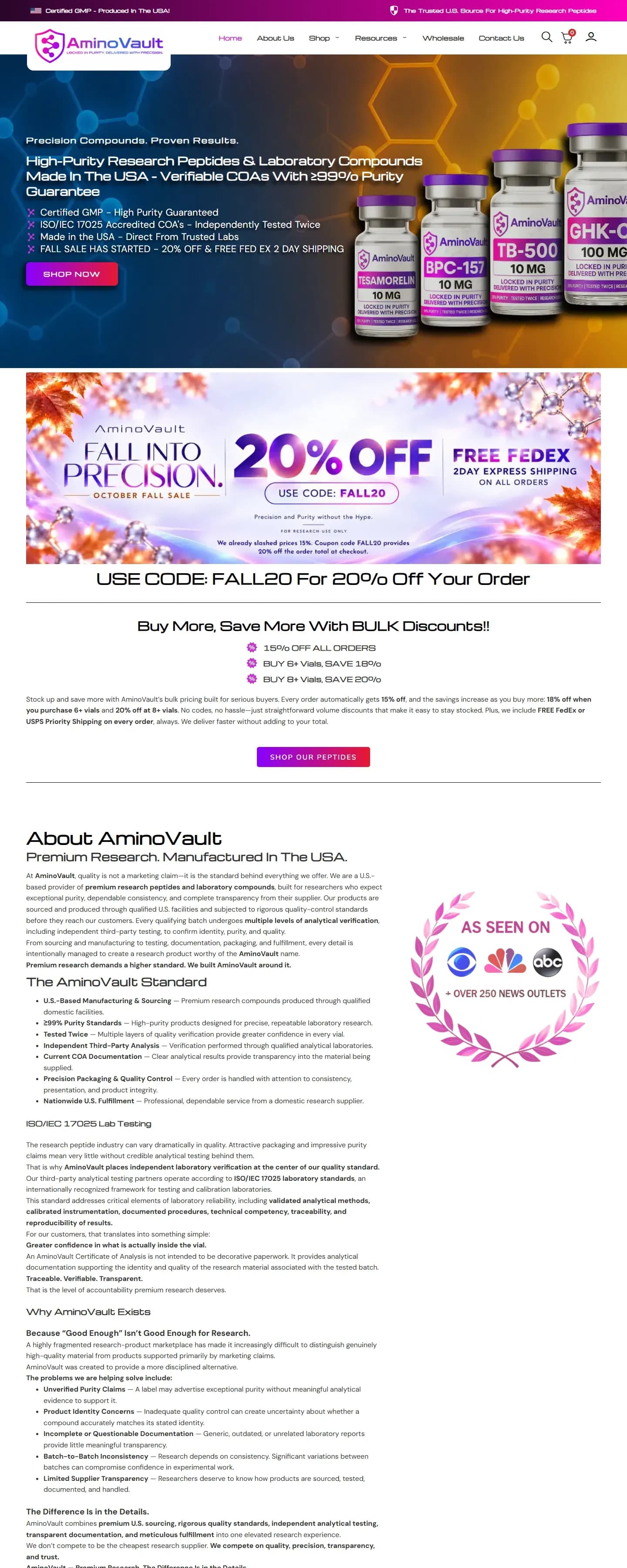 The AminoVault website on a desktop screen