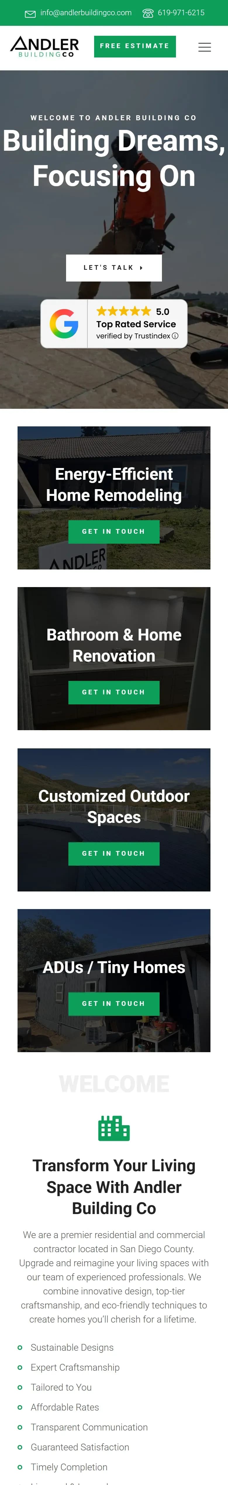The Andler Building Co. website on a phone