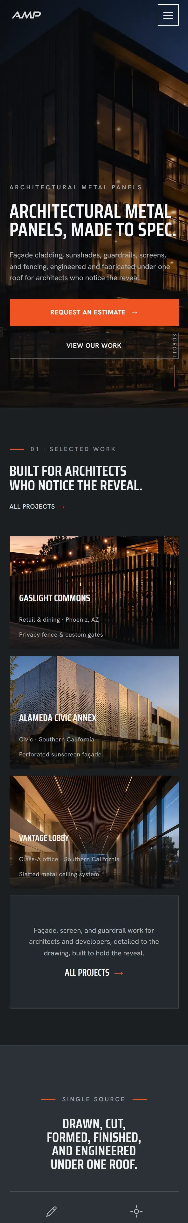 The Architectural Metal Panels website on a phone