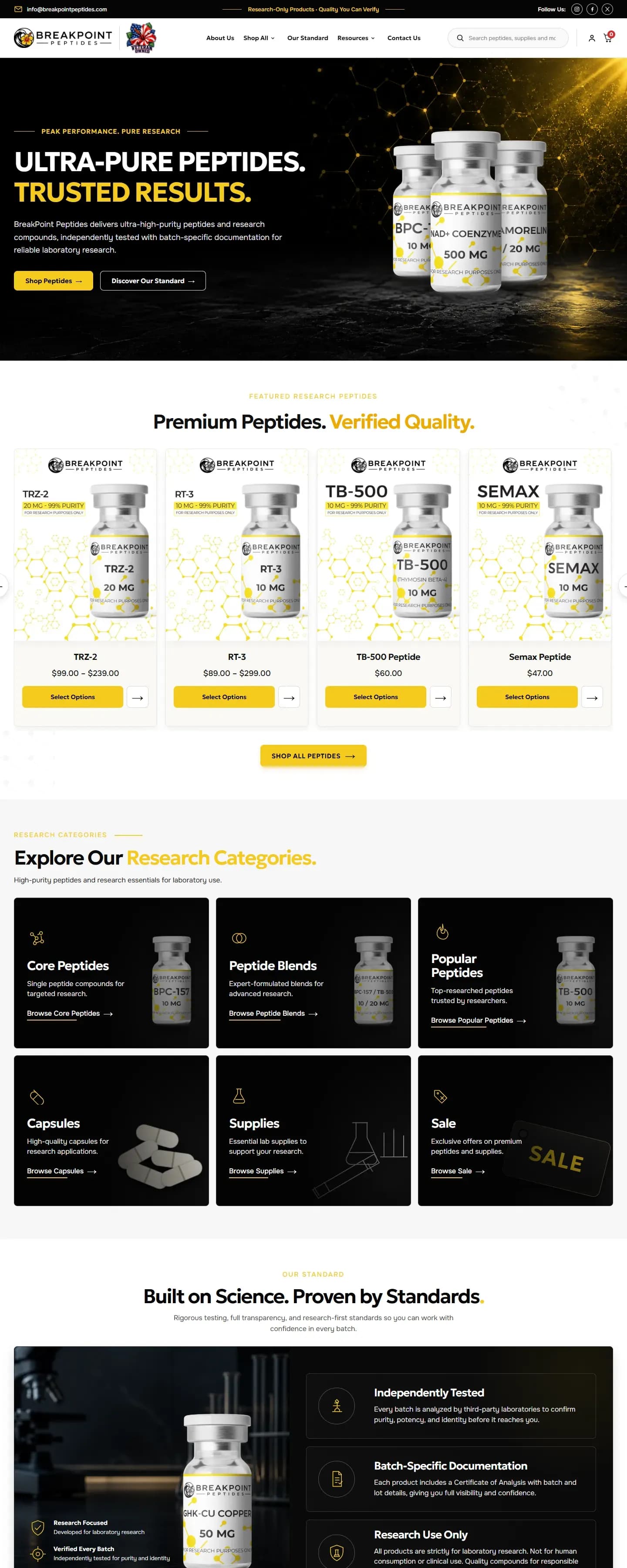 The BreakPoint Peptides website on a desktop screen