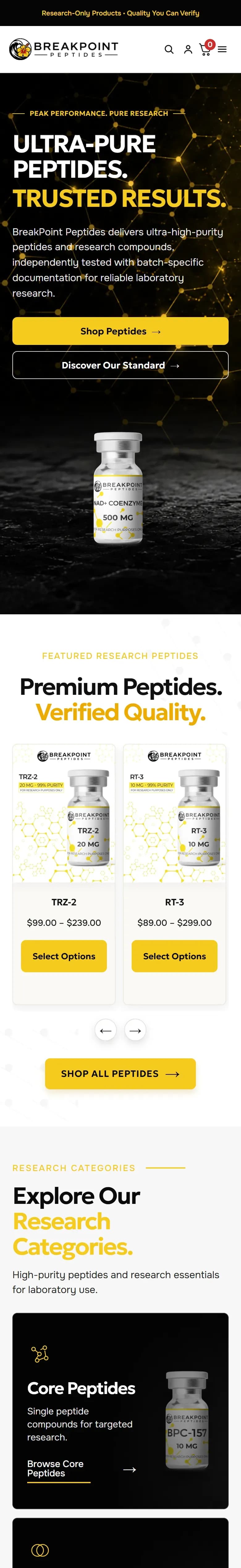 The BreakPoint Peptides website on a phone