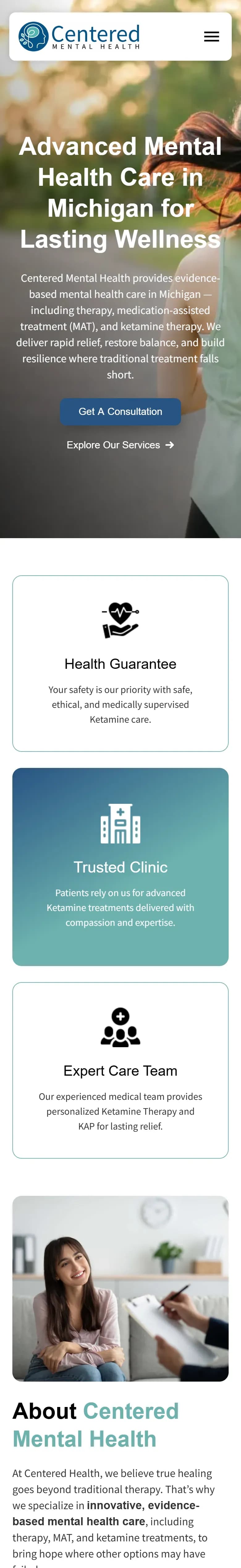 The Centered Mental Health website on a phone