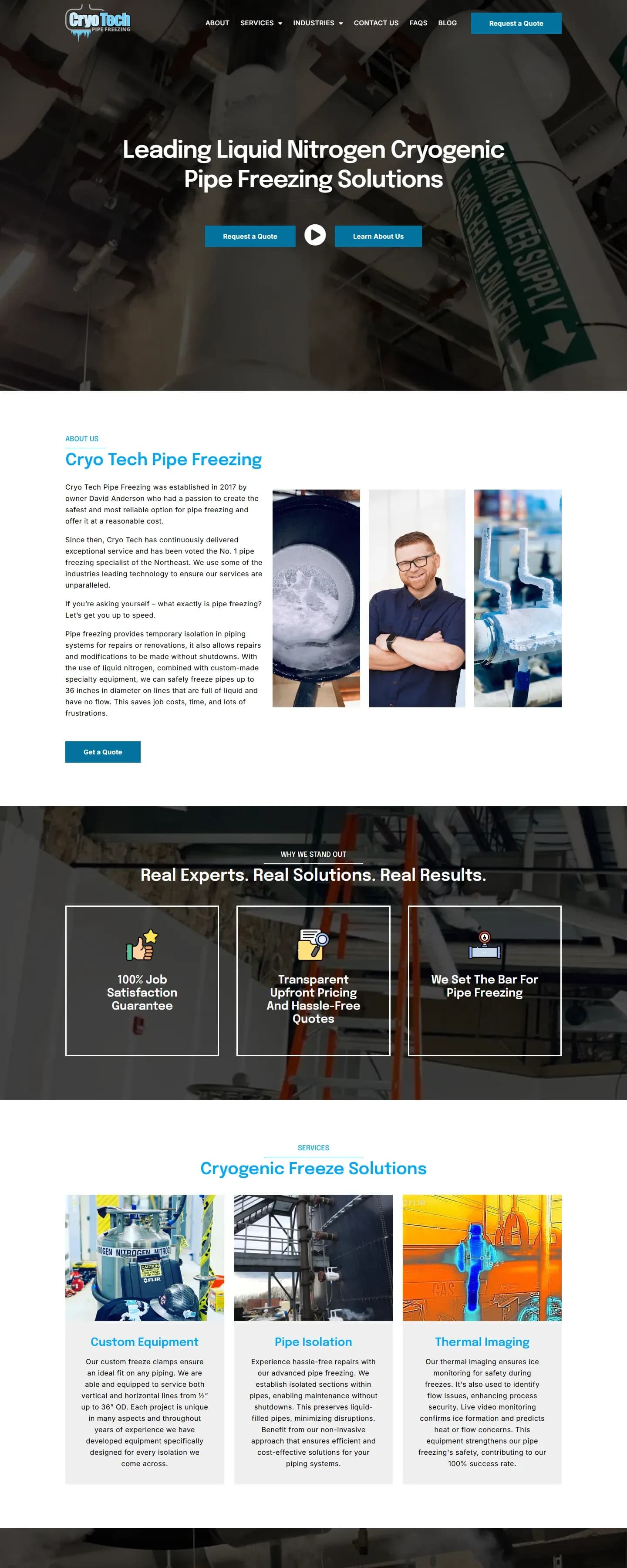 The Cryotech Pipe Freezing website on a desktop screen