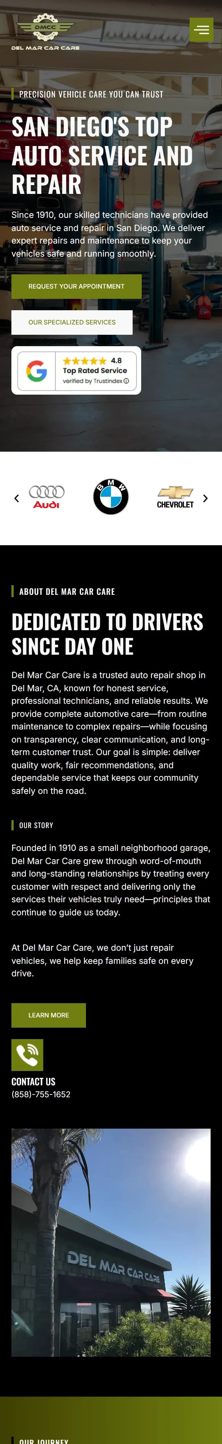 The Del Mar Car Care website on a phone
