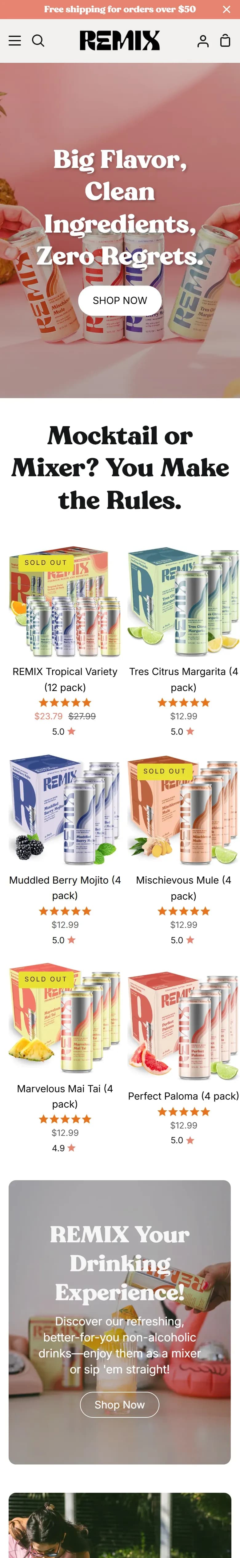 The Remix, Mixer & Mocktail website on a phone