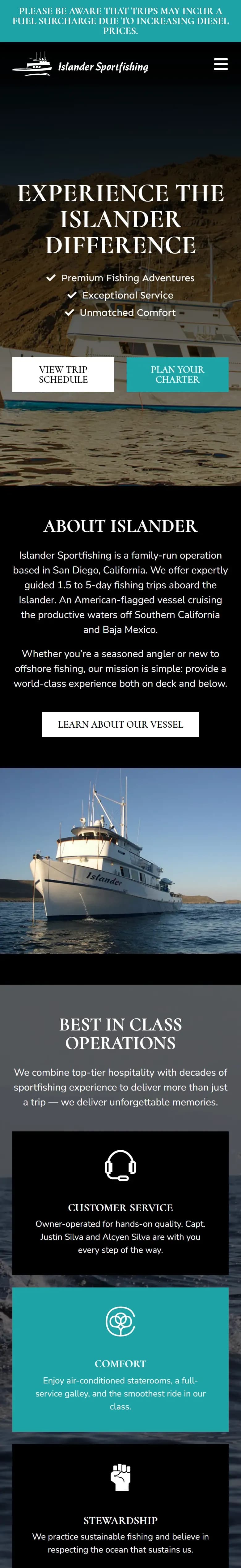 The Islander Sportfishing website on a phone