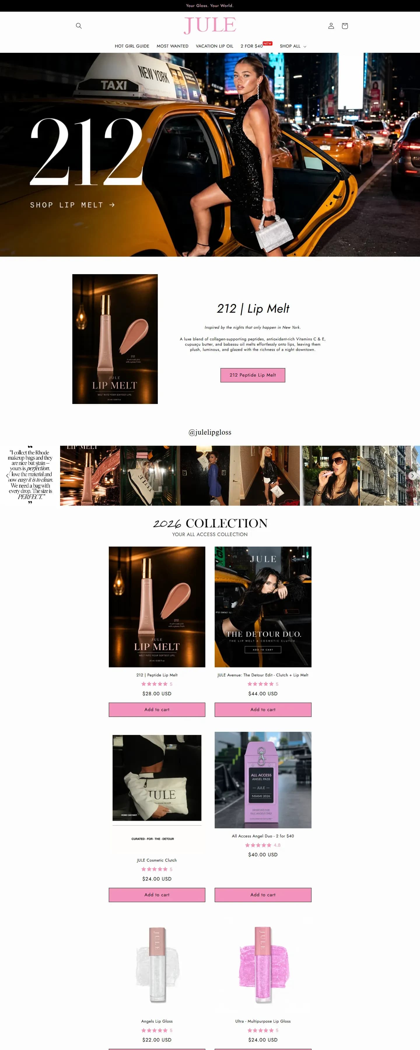The JULE Lip Gloss website on a desktop screen