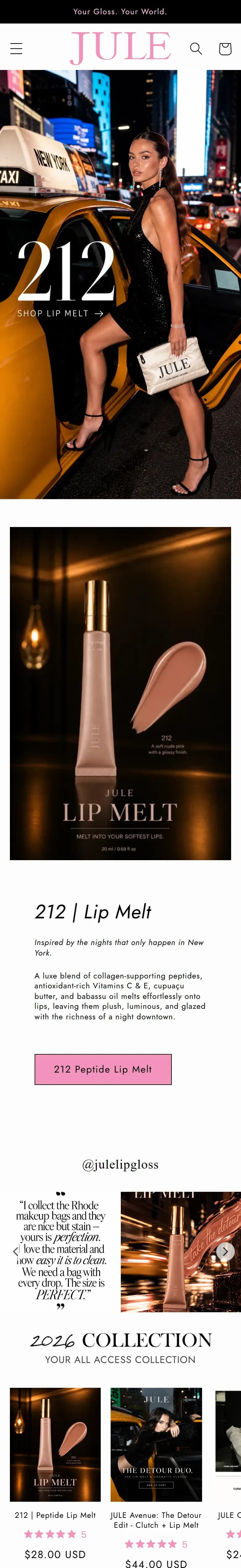 The JULE Lip Gloss website on a phone