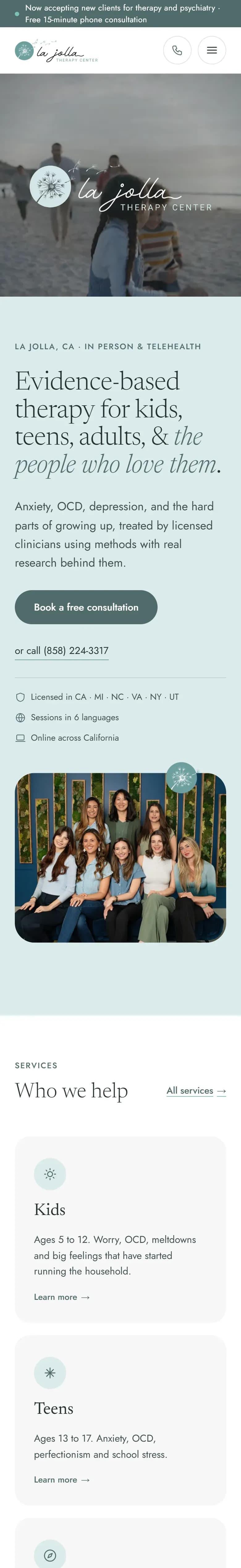 The La Jolla Therapy Center website on a phone