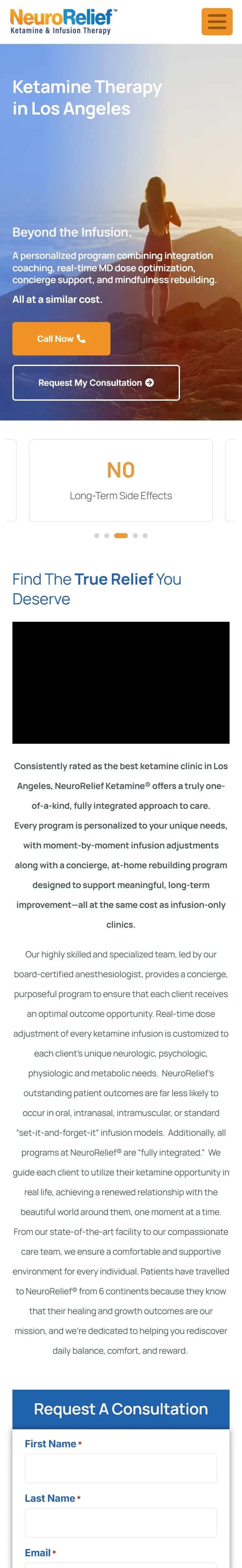 The NeuroRelief Ketamine website on a phone