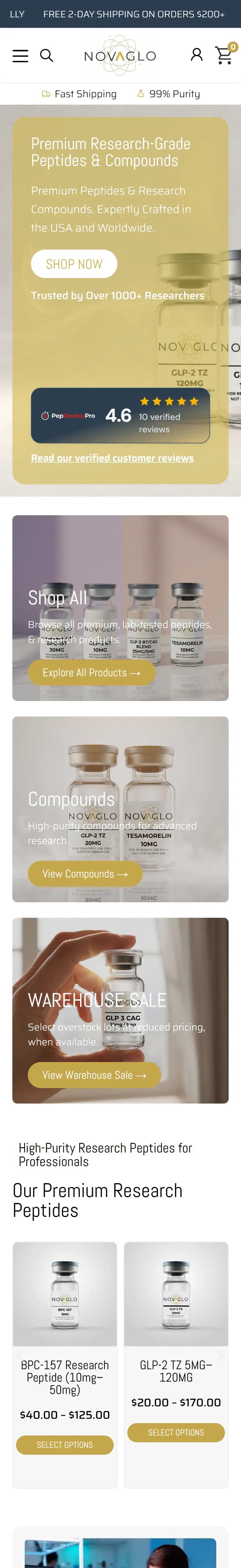 The Novaglo Research website on a phone