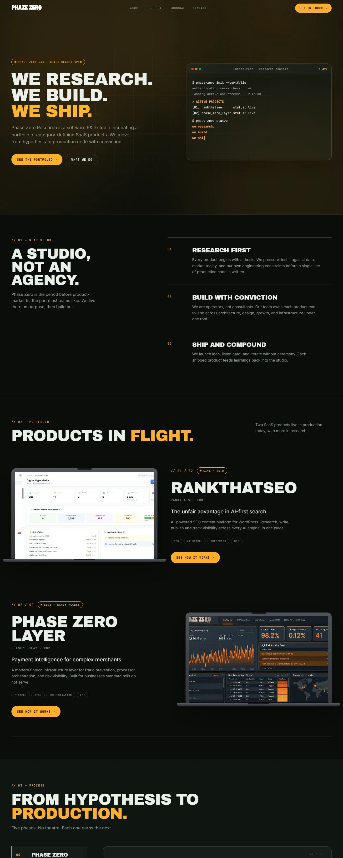 The Phase Zero Research website on a desktop screen