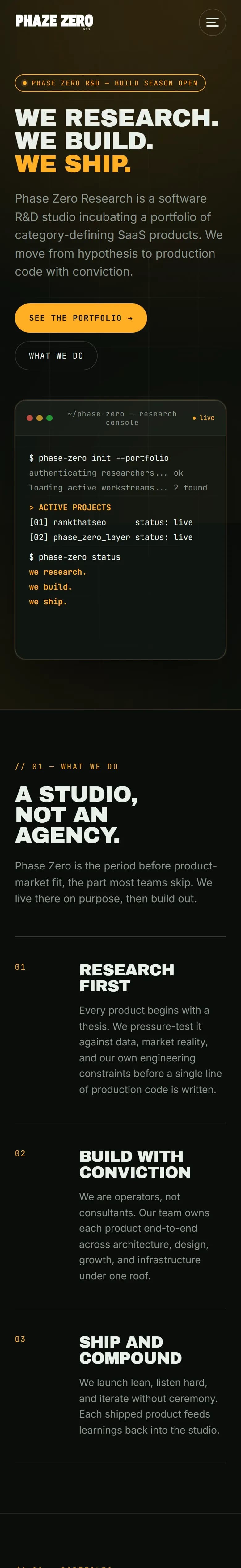 The Phase Zero Research website on a phone