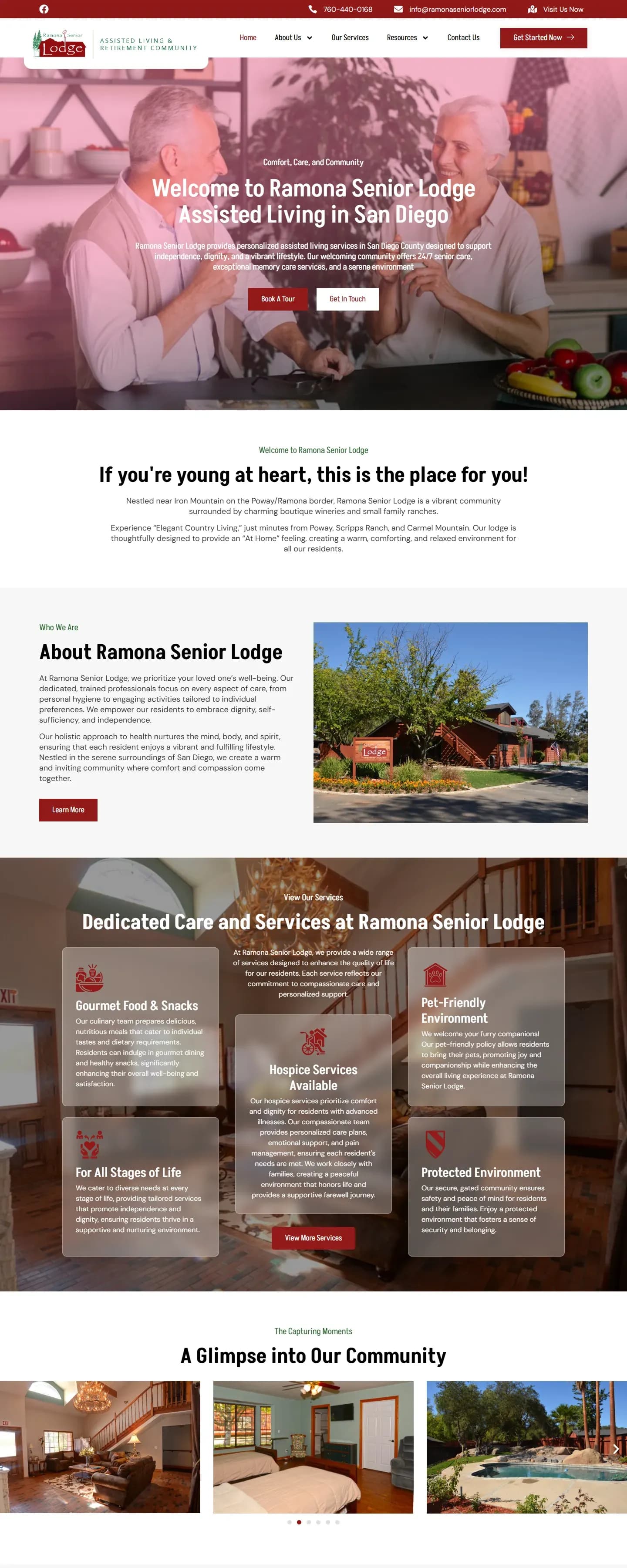 The Ramona Senior Lodge website on a desktop screen