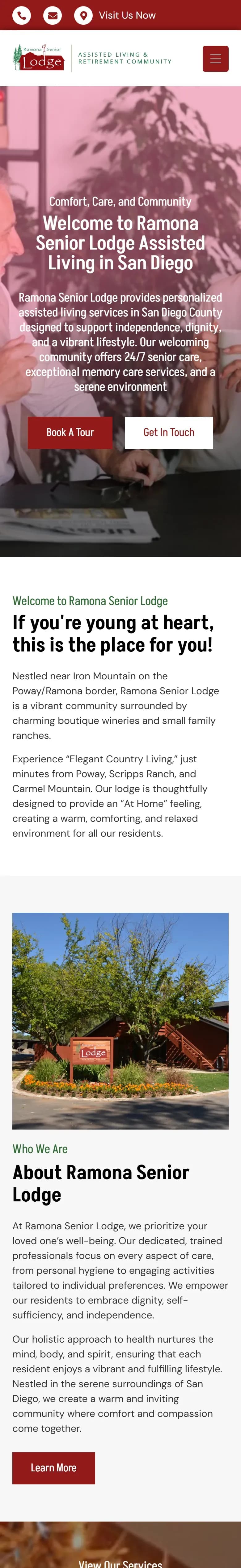 The Ramona Senior Lodge website on a phone