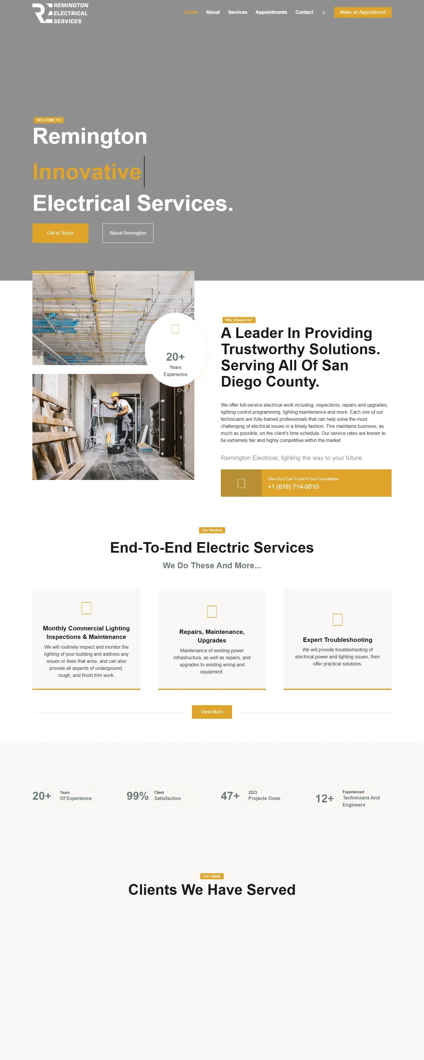 The Remington Electrical Services website on a desktop screen
